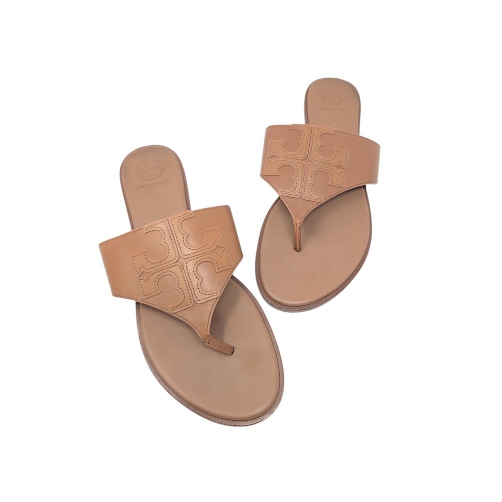 Tory Burch Weston Tan Leather Double T Logo Thong Sandals Size 9.5